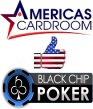 America's Cardroom and Black Chip Poker Logos with an American flag thumbs up symbol between